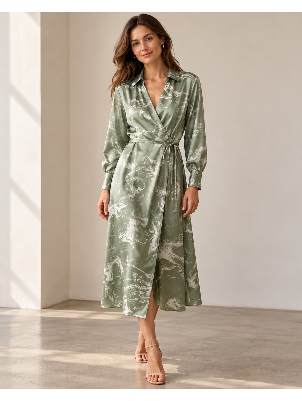 Alfani Women's Satin Wrap Dress in Sage Green Marble Print Size 8